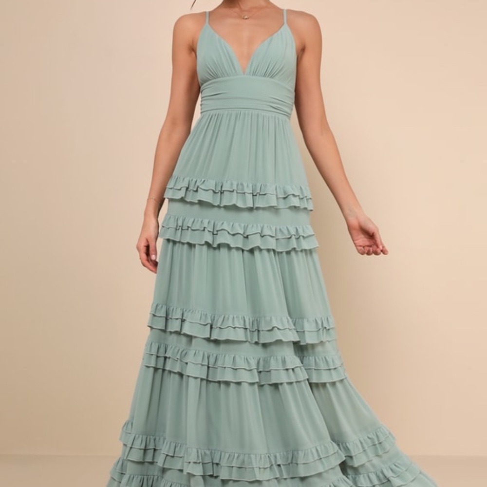 Lulus Lavish Perfection Sage Green Ruffled Tiered Maxi Dress - Size S - Picture 1 of 1
